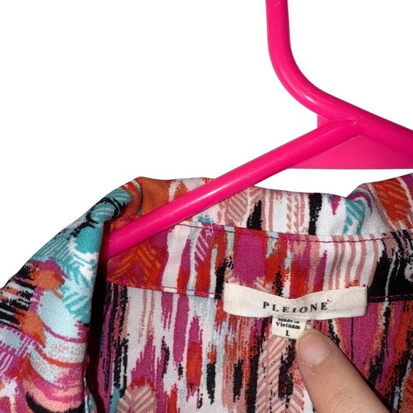 Pleione Womens Long Sleeve Collared Blouse Size L Multicolor Geometric Print - Picture 5 of 7